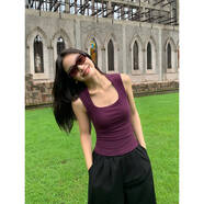 deciuhlaepusumede核心單品大U領(lǐng)吊帶背心女夏季外穿彈力針織修身氣質(zhì)上衣 醬紫色現(xiàn)貨 S 均碼