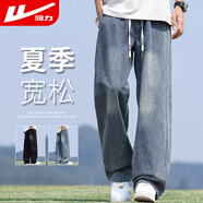 回力牛仔褲男夏季薄款褲子復(fù)古漸變闊腿褲寬松涼感休閑褲男淺藍(lán)XL