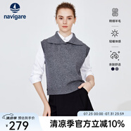 Navigare意大利小帆船羊毛衫女士秋冬款簡約氣質翻領毛衣無袖針織馬甲背心 素凈灰 XL