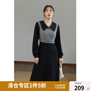 獨束大碼女裝【復(fù)古小香系列】拼接假兩件連衣裙女顯瘦胖mm秋冬新款 黑色格紋 L