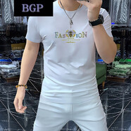 BGP潮牌男士夏季新款修身大碼蜜蜂字母印花燙鉆短袖T恤休閑圓領(lǐng)半袖 白色 M (95-115斤)