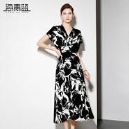 海青藍(lán)（CYANINE SEA）感印花連衣裙女2025夏季新款V領(lǐng)遮肉顯瘦雪紡中長裙 花色 L
