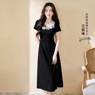 明星同款方領(lǐng)短袖裙2025夏裝新款女裝法式收腰中長(cháng)款 黑色 S 均碼