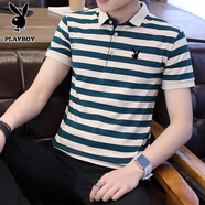 花花公子（PLAYBOY）短袖T恤男條紋polo衫夏季商務(wù)男休閑翻領(lǐng)半袖保羅衫修身短袖上衣 BYBL-1815綠條紋 M (95-110斤)