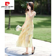 皮爾卡丹2025年夏新款歐若風(fēng)爛漫假日印花裙甜美淑女蕾絲拼接網(wǎng)紗吊帶裙女 落日黃 S