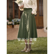 茵曼秋女裝文藝復(fù)古通勤中長款學(xué)院風(fēng)純棉半身裙女傘裙子 卡其色1 L