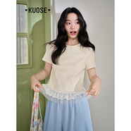 闊色（kuose）藍色針織T恤拼接蕾絲花邊下擺女2025夏季新款杏色蝴蝶結上衣 杏色 S