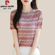皮爾卡丹（pierre cardin）桑蠶絲短袖T恤女夏季圓領彩虹條紋針織衫鏤空套頭寬松薄款上衣服 皮粉色 S  建議85-100斤