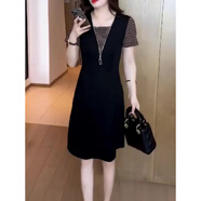 皮爾卡丹（pierrecardin）小個(gè)子時(shí)尚連衣裙女夏季新款洋氣減齡背心裙假兩件拼接條紋中長裙 駝色連衣裙 M 85-105斤