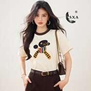 SXA香港潮牌純棉短袖T恤女正肩2025新款夏上衣刺繡小馬時(shí)尚體恤女裝 杏色 L