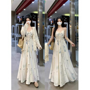 GOYN大碼法式感連衣裙女裝春季復(fù)古刺繡吊帶裙胖MM遮肚子顯瘦裙子 兩件套【針織開(kāi)衫+吊帶連衣裙】 3XL 【建議150-165斤】