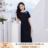 香影法式粉色連衣裙女2025夏裝新款t恤裙褶皺短袖溫柔風(fēng)收腰裙子 黑色 L 165/88A/110-125斤