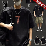花花公子（PLAYBOY）純棉t恤男士潮流短袖2025夏季新款寬松潮牌印花半袖體恤上衣服男 12黑色 XL 【135-155斤】