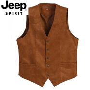 JEEP SPIRIT歐美咔嘰風(fēng)西部牛仔麂皮絨馬甲男休閑鹿皮絨獵裝馬夾大碼仿皮外套 淺棕色 M 110-135斤