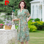 皮爾卡丹中老年人女夏季衣服時尚短袖連衣裙媽媽夏裝寬松大碼彈力長裙子薄 綠色連衣裙 XL 【建議90-110斤左右】