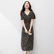 尚都比拉（Sentubila）碎花連衣裙女夏季度假通勤V領(lǐng)喇叭短袖收腰顯瘦雪紡A字裙 黑底粉花 S 90-100斤建議選擇