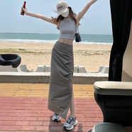 衣然呈品休閑工裝半身裙女夏高腰歐美ins顯瘦辣妹褶皺開(kāi)叉包臀中長(cháng)裙子女 卡其色 M 【建議95-110斤】