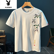花花公子夏季韓版時尚潮牌刺繡潮流圓領(lǐng)半袖體恤短袖男2025新款潮 白色 XL