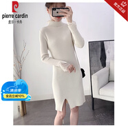 皮爾卡丹（pierre cardin）輕奢針織連衣裙女秋冬條紋打底修身半高領(lǐng)中長款黑白色毛衣包臀裙 杏色蕾絲拼接 3053 M 80-95斤有彈力