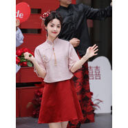 獨(dú)孤伽羅訂婚衣服女胖妹妹大碼孕婦敬酒服新娘禮裙遮肚子顯瘦小個(gè)子禮服夏 酒紅色短款粉色上衣+酒紅色 DZ定制加30不退不換 均碼
