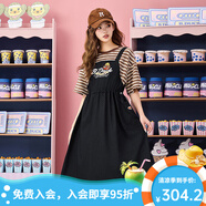 B.Duck小黃鴨短袖連衣裙女2025夏季新款學(xué)院風(fēng)假兩件收腰背帶連身裙女 咖條拼黑 M