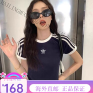 阿迪達(dá)斯（adidas）jennie同款韓版正肩圓領(lǐng)短袖T恤女修身顯瘦百搭三葉草運(yùn)動(dòng)上衣女 藏青白邊純棉220g S