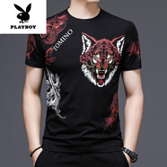 花花公子（PLAYBOY）短袖t恤男夏季印花虎頭寬松冰絲半袖男士薄款冰感潮T新品 813咆哮蒼狼【短.袖】 M 165/ 建議95-120斤