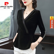 皮爾卡丹（pierre cardin）高檔品牌V領(lǐng)春秋上衣女士修身收腰長(zhǎng)袖金絲絨歐貨時(shí)尚洋氣歐洲站T 黑色 2XL 建議130-140斤