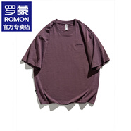 羅蒙休閑短袖t恤男新款簡約透氣半袖體恤衫夏季百搭寬松刺繡圓領上衣 醬紫 XL (約135-150斤可穿)
