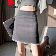 皮爾卡丹（pierre cardin）官方品牌高端蕾絲花邊拼接波點半身裙女高腰包臀a字裙防走光短裙 灰色 S
