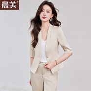 晨芙時(shí)尚無(wú)領(lǐng)小西裝外套女夏薄款氣質(zhì)女神范小個(gè)子職業(yè)裝醋酸西服套裝 單件米白色西裝 XL 建議110-120斤