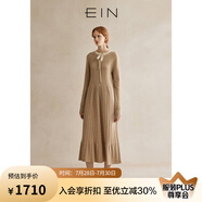 EIN言靜奢風綿羊毛綁帶蝴蝶結(jié)撞料收腰氣質(zhì)針織連衣裙24秋季新款 淺杏 M