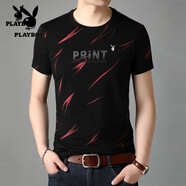 花花公子（PLAYBOY）純棉t恤男士圓領(lǐng)印花體恤衫半袖中青年打底衫潮流修身夏 821火苗黑色【短袖】 M 165建議95-120斤