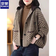 羅蒙品牌2025秋冬新款感格子毛呢短外套女寬松慵懶蝙蝠袖加厚連帽衛衣 卡其色 M 建議85-110斤