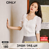 ONLY淑女泡泡袖花朵拼接套頭短袖針織衫女|123213003 S12 亮奶油白色 M 165/84A