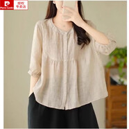 皮爾卡丹（pierre cardin）亞麻女裝高端棉麻上衣2025新款夏季爆款時(shí)尚洋氣苧麻半袖女士襯衫 杏色 XXS