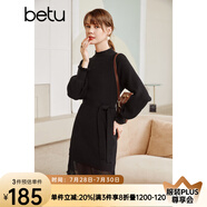 betu百圖女裝網(wǎng)紗拼接小高領(lǐng)木耳邊燈籠袖針織連衣裙女2110T69 黑色 S