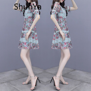 shunya國潮潮牌新款連衣裙夏女裝寬松遮肚顯瘦復古蕾絲網(wǎng)紗碎花雪紡裙子 淺綠色 M