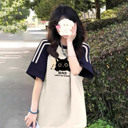 樂(lè )卡利 棉T恤女短袖上衣美式印花寬松大碼插肩半袖胖mm初高中學(xué)生學(xué)院風(fēng) 棉質(zhì)印花T恤女【拼色 主圖款】 L