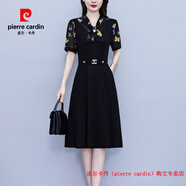 皮爾卡丹（pierre cardin）假兩件連衣裙女2025新款夏季收腰大碼胖mm顯瘦遮肚中長(zhǎng)款裙子 黑色 L 建議90-105斤