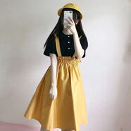 落跑姐妹 RUNAWAY SISTERS2025夏學(xué)院風(fēng)套裝女日系甜美短袖襯衫高腰背帶裙兩件套 黑色 單件上衣 S