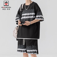 AEMAPE疊穿休閑運動(dòng)套裝男夏季2025新款冰絲短袖t恤青少年短褲搭配一套T TZ8961黑色套裝 M 約80-100斤可穿