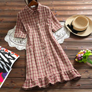接運貓2025新款森女系格子棉麻連衣裙夏季文藝女裝小清新寬松中長(cháng)款襯衣 紅色 S