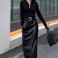 凱姿兔黑色加厚高腰包臀皮裙女秋冬顯瘦直筒長裙開叉半身裙 黑色皮裙 S