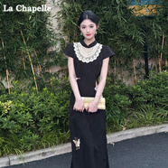 拉夏貝爾（La Chapelle）連衣裙定制款黑色法式復古連衣裙修身氣質(zhì)刺繡名媛風(fēng)新中式長(cháng)裙 黑色 S 80-100斤小八試穿碼