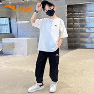 安踏兒童運動套裝夏季短袖長褲兩件套T恤2025新款透氣6-16歲衣服 白T黑褲 160