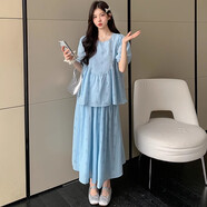 婧麒（JOYNCLEON）孕婦套裝夏季新款孕期寬松高級孕婦裝夏裝孕婦褲子短袖上衣女 藍色上衣+藍色半身裙【裙款】 XL