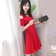 AEMAPE露肩連衣裙2025新款夏女氣質(zhì)顯瘦a字v領(lǐng)法式風(fēng)小黑裙黑色小禮服裙 紅色 M 建議95-110