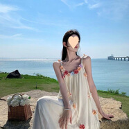 冠貿(mào)裴度假風(fēng)立體花朵抹胸連衣裙垂感褶皺寬松大擺長(zhǎng)裙 杏色 L 120一140