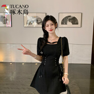 啄木鳥（TUCANO）大碼女裝法式短袖連衣裙女夏季收腰顯瘦牛仔裙胖MM梨形身材長(zhǎng)裙子 黑色短款 2XL (建議140~160斤)